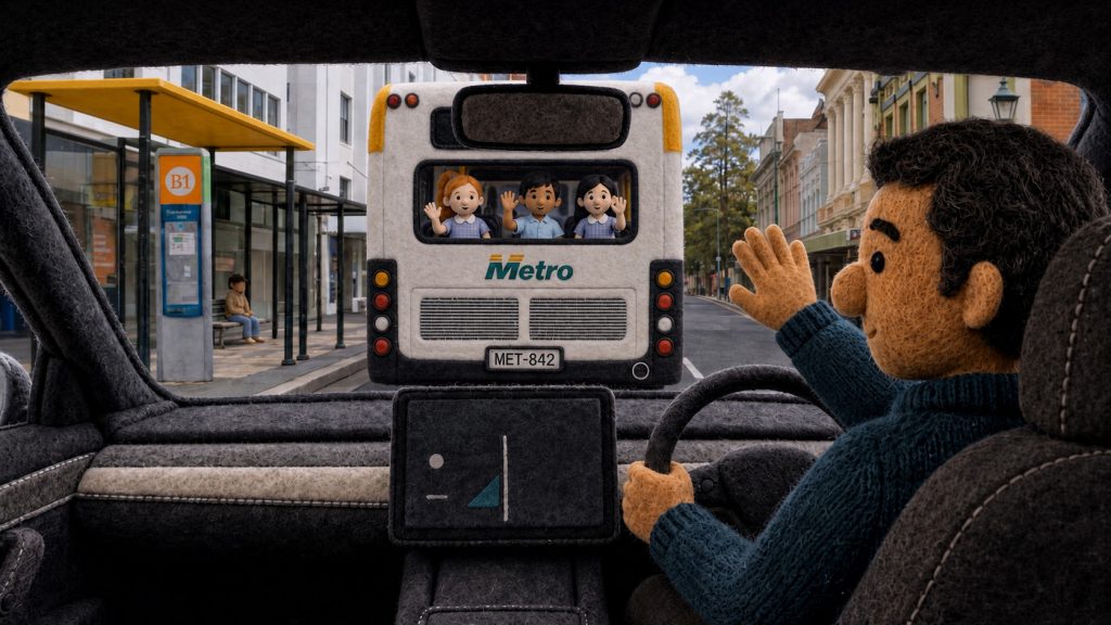 Driver waves to happy children on bus while leaving adequate space for the bus to manoeuvre.