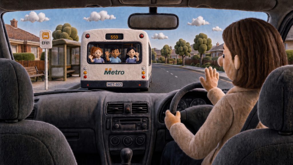 Driver waving to happy children on a Metro bus.