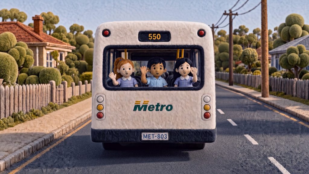 Happy children waving to courteous drivers through the rear window of a Metro bus.